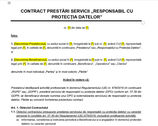 Contract prestări servicii DPO [Clauze protecție DPO]